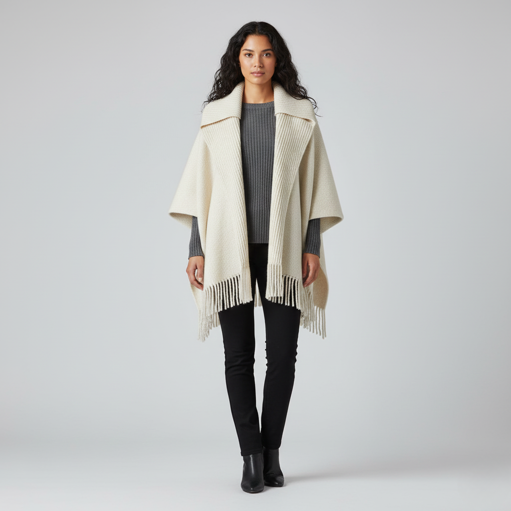 Poncho femme en maille avec franges