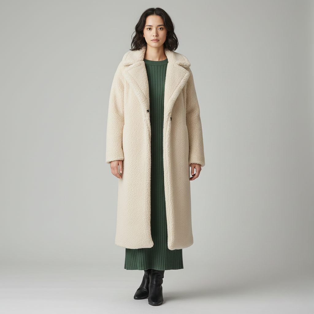 Manteau teddy long femme à texture pelucheuse