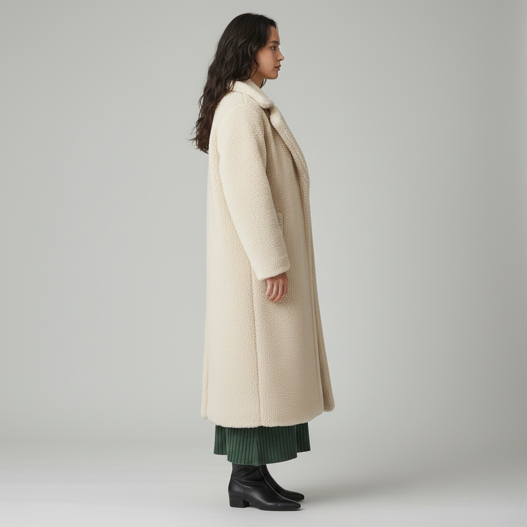 Manteau teddy long femme à texture pelucheuse